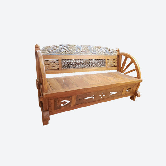 Teak Wood Two Seater Bench With Hand Carved Panels- SK - (SKU 1170)