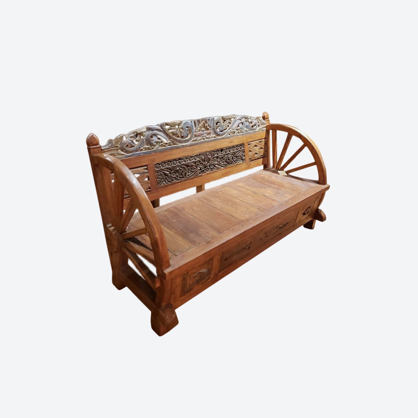 Teak Wood Two Seater Bench With Hand Carved Panels- SK - (SKU 1170)