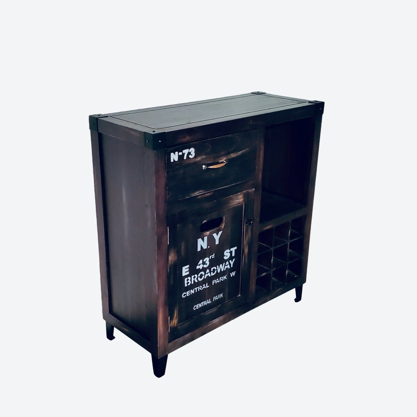 Black Solid Cedar Wood New York City Graffiti Wine Cabinet Industrial Cabinet- SKU 1180