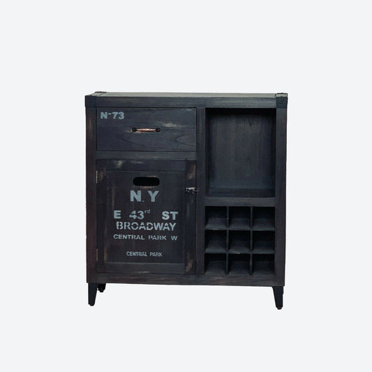Black Solid Cedar Wood New York City Graffiti Wine Cabinet Industrial Cabinet- SKU 1180