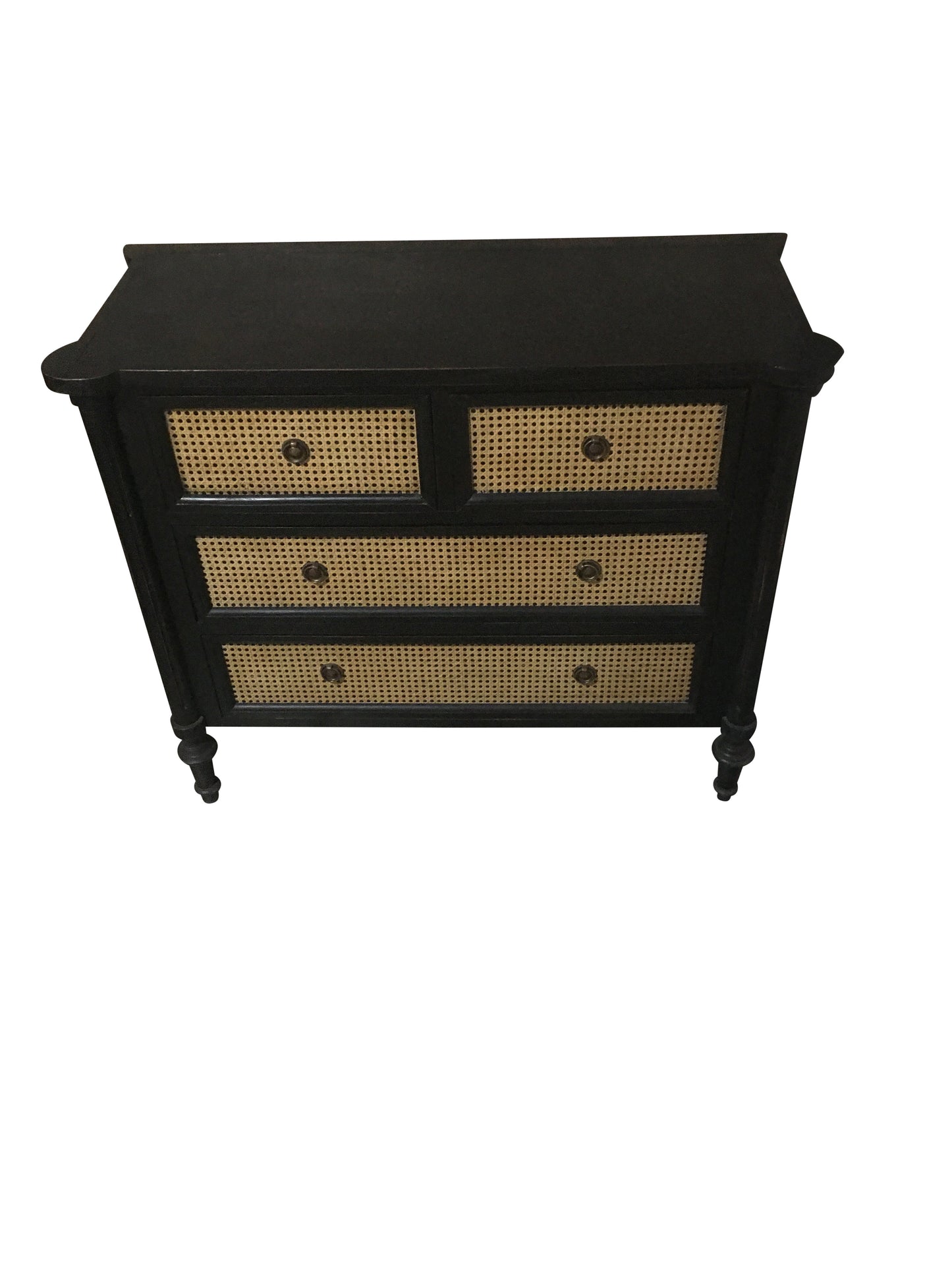 BLACK CABINET WITH GOLD ACCENTS ( TWO PORTIONS) [METAL KNOB AND MECHANISM] AND Cedar Wood Cabinet With Rattan Drawers-  SK- SKU 1006