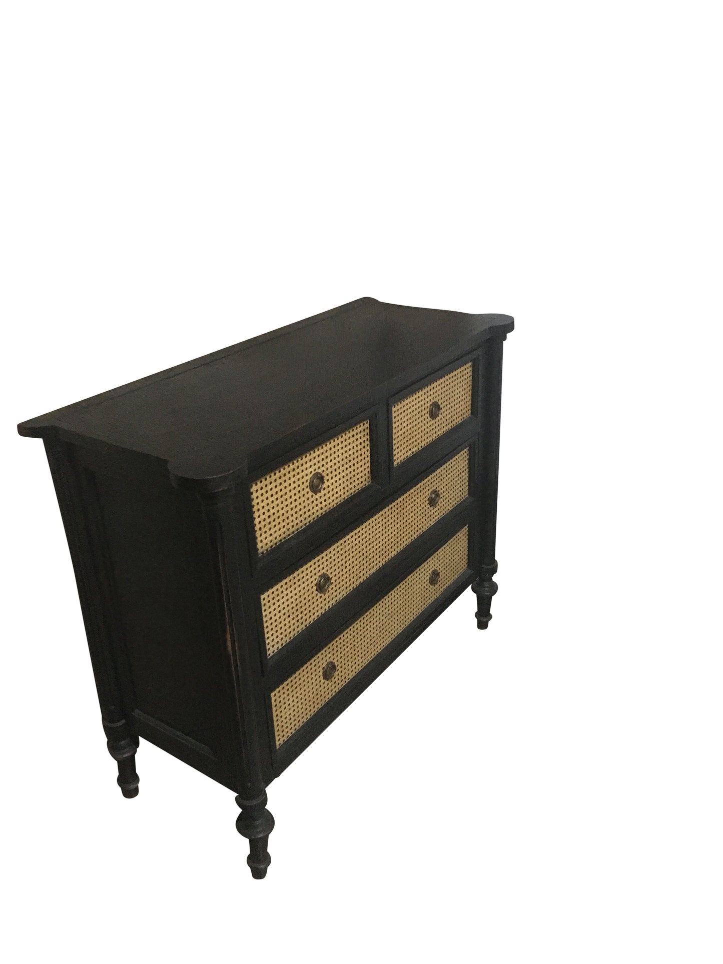 BLACK CABINET WITH GOLD ACCENTS ( TWO PORTIONS) [METAL KNOB AND MECHANISM] AND Cedar Wood Cabinet With Rattan Drawers-  SK- SKU 1006