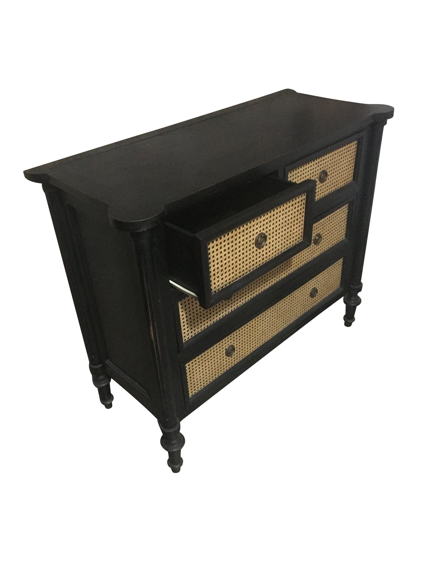 BLACK CABINET WITH GOLD ACCENTS ( TWO PORTIONS) [METAL KNOB AND MECHANISM] AND Cedar Wood Cabinet With Rattan Drawers-  SK- SKU 1006