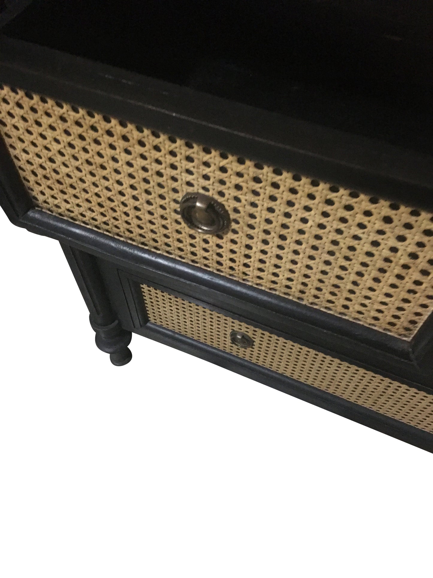 BLACK CABINET WITH GOLD ACCENTS ( TWO PORTIONS) [METAL KNOB AND MECHANISM] AND Cedar Wood Cabinet With Rattan Drawers-  SK- SKU 1006