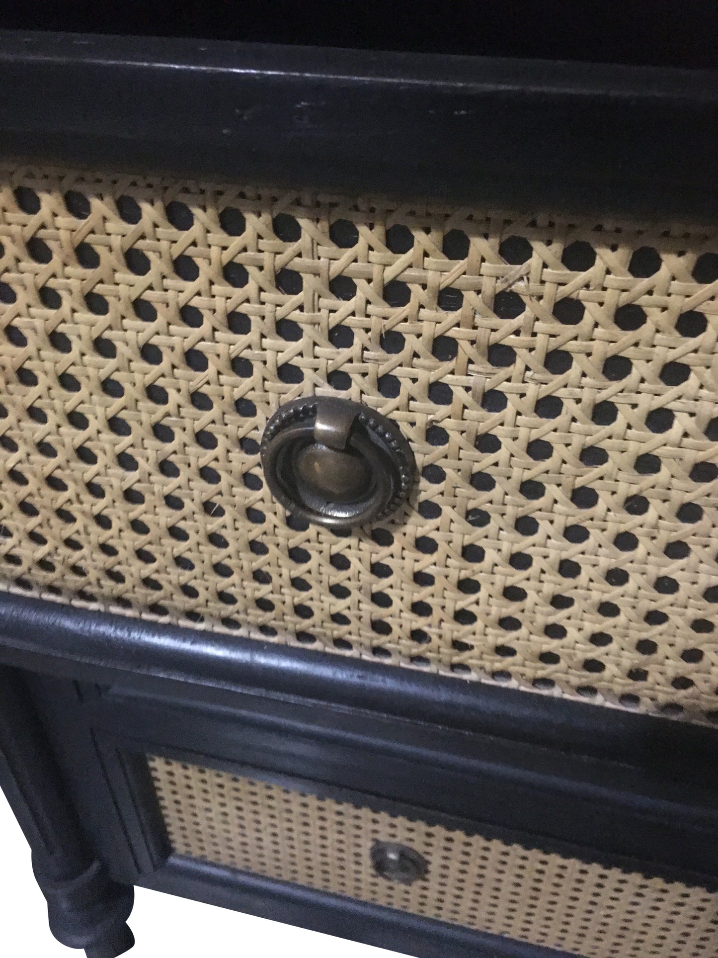 BLACK CABINET WITH GOLD ACCENTS ( TWO PORTIONS) [METAL KNOB AND MECHANISM] AND Cedar Wood Cabinet With Rattan Drawers-  SK- SKU 1006